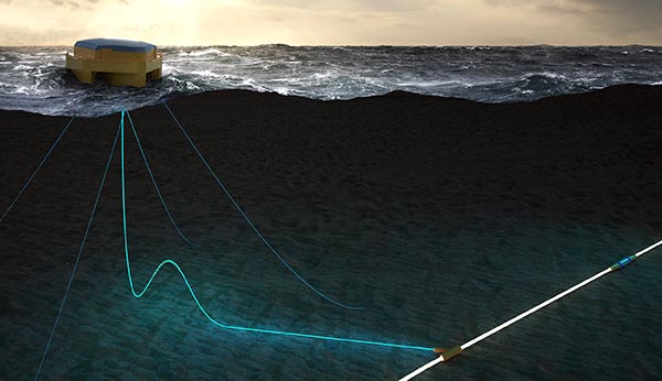 vue de synthèse type 3D réaliste montrant le principe de fonctionnement d'une bouée GEPS Techno à des fins de communication depuis des remontées de câbles marins