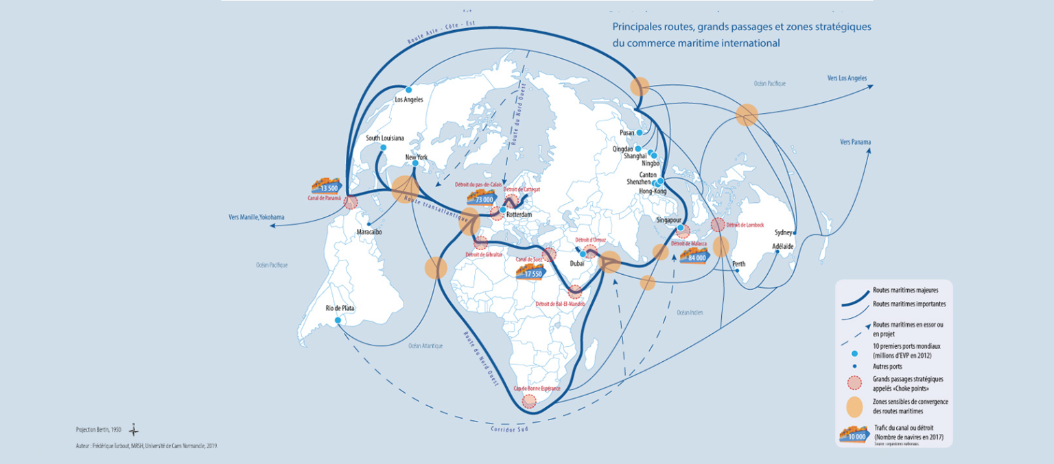 Carte des routes maritimes, grands passages et zones stratégique du commerce international